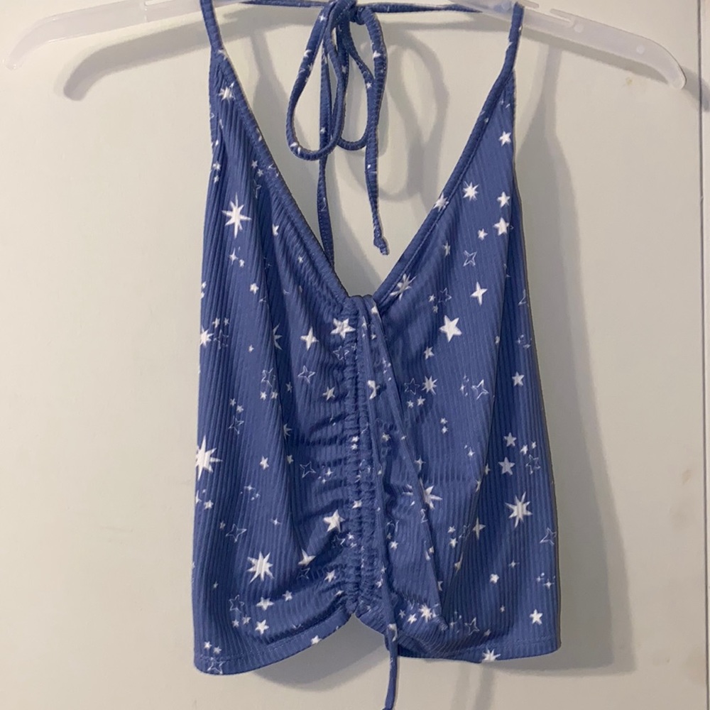 Persaya blue white star sky scrunch front halter tie cropped crop tank